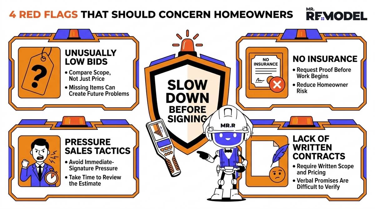 Consumer-protection infographic highlighting warning signs homeowners should watch for when evaluating gutter contractors.
